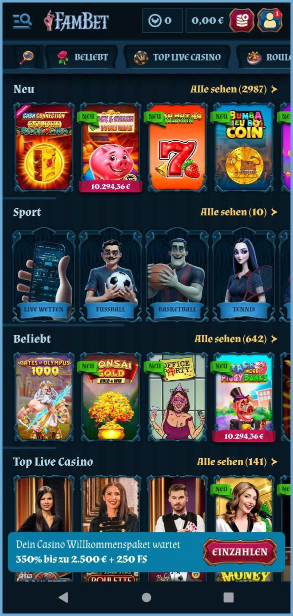 Mobile Version der FamBet-Startseite